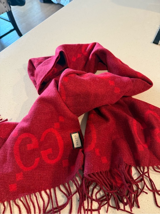 Gucci Accessories - Gucci Red GG Logo Wool Scarf with Fringe